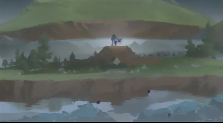 painting of a man on a hill with a flag on top of it, random background scene, detailed lake in background, speedpaint, speedpainting, some background blur, background aerial battle, sword stuck in a pond island, background artwork, speed painting, anime l...