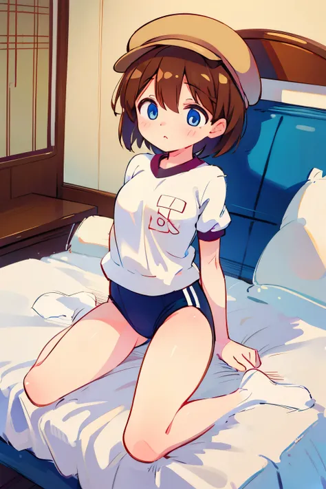 Helga Haruka ,   blue eyes,   brown hair,   shorthair,  Brown hat, traditional Japanese gym uniform ，   1 girl, Is inviting sexual activity，  Perfect Anatomy ， Love Hotel， bed