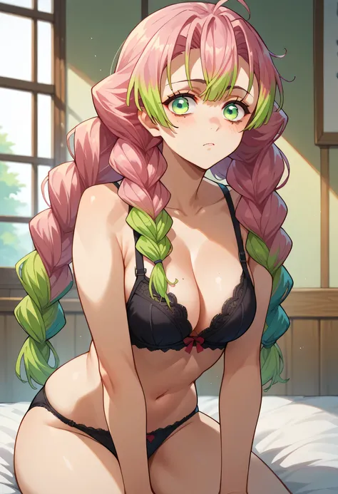 score_9,score_8_up,core_7_up, score_9, kanroji-mitsuri,multicolored hair, 1girl, solo, kanroji-mitsuri, green eyes, multicolored hair, twin_braids, black bra, black panties