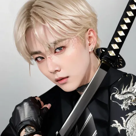 blond haired man with a katana, using a scarf and a suit with a dragon on his shoulder, and a leadher glove in his hand, cai xukun, portrait of kpop idol, inspired by Kim Taehyung, Taehyung, portrait of Taehyung bts thancred waters in style of wlop, artwor...
