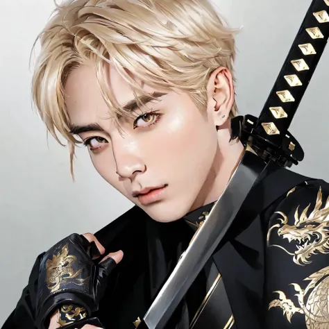 blond haired man with a katana, using a scarf and a suit with a dragon on his shoulder, and a leadher glove in his hand, cai xukun, portrait of kpop idol, inspired by Kim Taehyung, Taehyung, portrait of Taehyung bts thancred waters in style of wlop, artwor...