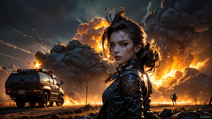 (  masterpiece ,  best quality), American plan on a breathtaking young woman in long leather clothes, always in the foreground ,  radiant hair flowing in various punk-style colors  , dressed in the Mad Max style :  a leather pilot hat adorned with intricat...