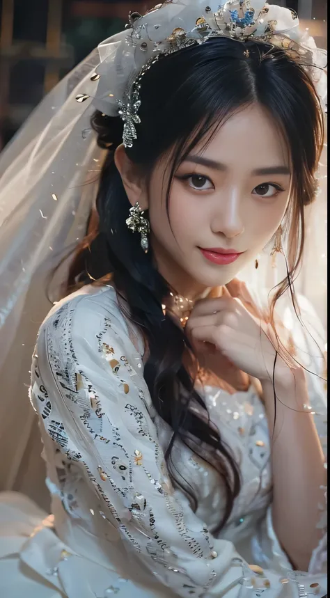 (highest image quality), (masterpiece), (vibrant, photography realistic, Realistic, Dramatic, Dark, Sharp focus, 8K), Close up Face, Highly detailed face and skin texture, sexy wedding dress, ethereal beauty, mature asian woman,black long hair, make up, se...