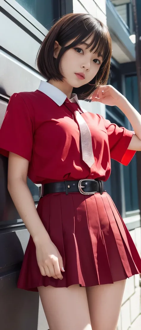 Pure idol girl(Shiny short hair)、、Thick legs、 red pleated mini skirt、Cool Belt、punk shirt with tie 、Good style、A pure girl's face