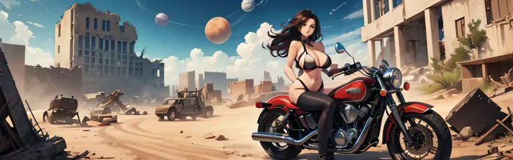 A girl rides a custom American motorcycle in a ruined futuristic desert,  Big Breasts , Large lower body, highly revealing clothes ,Belly button, American, ruins of large buildings in the background ,Lots of planets in the sky ,