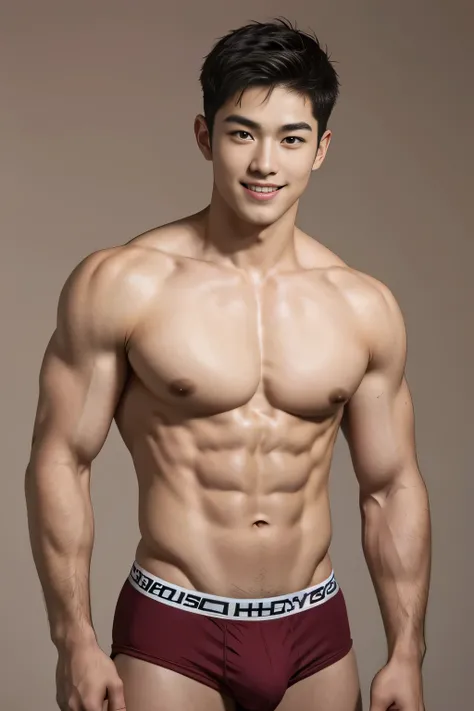 18-year-old male、 Japanese、 handsome、 macho、 abs、Pectoral muscles、 shirtless、Short Hair、burgundy sports briefs、 plain background、Baby Face、 big bulging crotch 、 smiles