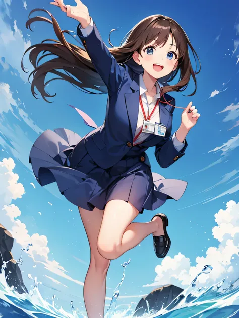 Best picture quality, highest quality, 1080p, 8K, masterpiece, first class, (perfectly formed face), front, (full body), blue sky and white clouds behind, hands bent and raised to left and right, girl in suit smiling and celebrating, Kyoto Animation style,...