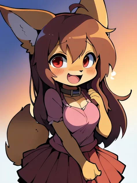 (anthro, fennec fox, long hair, small ahoge, light brown hair, small snout, fluffy fox tail, ((long fur, yellow fur)), round head, round chin, small fangs and big red eyes) wearing (brown collar, pink blouse, red skirt, long skirt, leather belt), standing,...