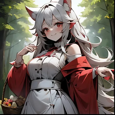  Little Red Riding Hood，Blonde，Big Breasts，In the forest，holding a basket， smiles， has red cheeks，Big eyes， red eyes， silver hair，Wolves have ears growing from their heads，open chest