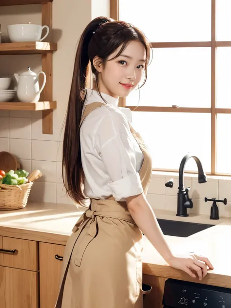 A young woman in a cozy kitchen, dressed in a casual yet stylish apron over a light-colored blouse and skirt, is cooking at the counter. She is holding a wooden spoon in one hand and has just turned her head to look back with a warm and inviting smile. The...