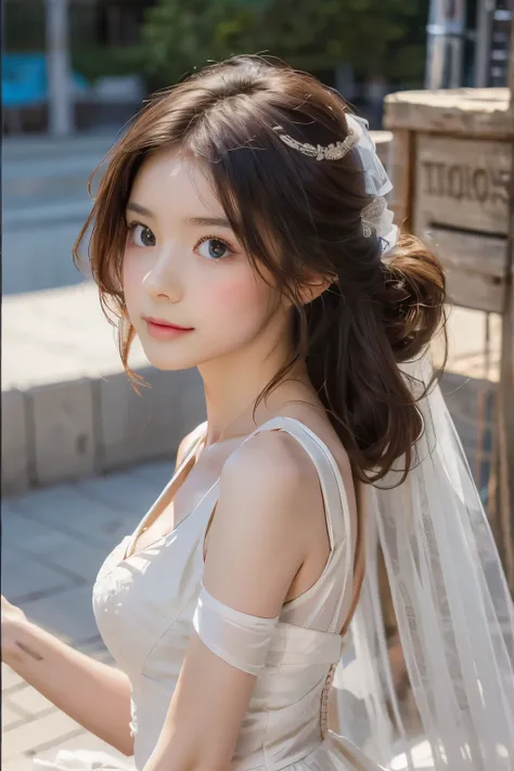 Wedding dress, Delicate and beautiful eyes, High contrast, High-definition quality, Dynamic Tilt,Realistic details, Official Art, masterpiece, Unity 8k Wallpaper, Ultra Detailed, beautiful masterpiece, Top quality, Radiant Skin,sweet and cute, Long brown h...