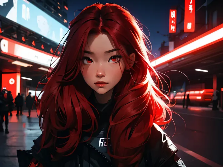 Science-fiction, red Hair, red Eyes, futuristic, Passing night landscape, A beautiful technician girl with, UHD Portrait, (High quality) (ultra details) Looking at the viewer in hip-hop style streetwear; different, colorfull, long hair, no hands.