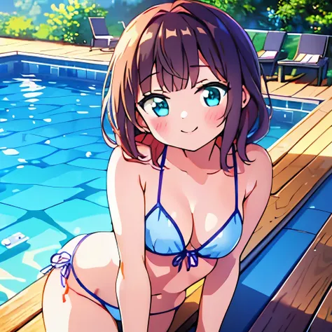 ((masterpiece)), ((best quality)), (ultra-detailed), pool, a cute girl, 1girl, solo, bikini, ((beautiful eyes)), smile