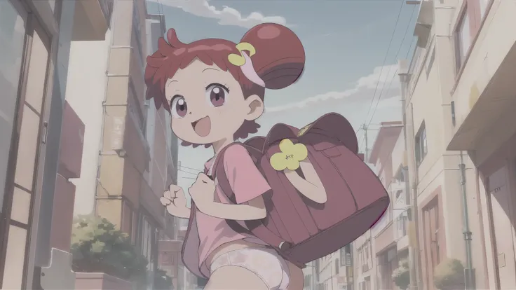 doremi, happy ,walk, school bags ,  backpack,,, 子供綿  underwear visible ,  underwear visible ,  translucent chemise 、,  low angle、 rens panties visible , figure 