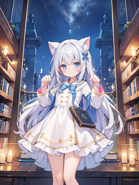  Wizard,  girl,smile,  standing,paw pose, Europe,  the cutest in the world  ,  Details Eye ,  detailed face , Botanical Garden,Lots of bookshelves, starry sky  , has a glittering night view , beautiful detailed glow photorealistic:2.0, masterpiece,  top qu...