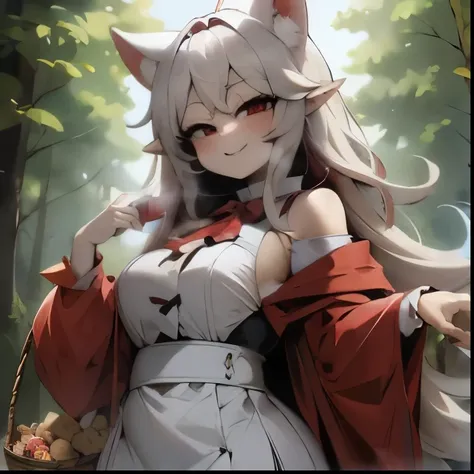  Little Red Riding Hood，Blonde，Big Breasts，In the forest，holding a basket， smiles， has red cheeks，Big eyes， red eyes， silver hair，Wolves have ears growing from their heads，open chest，Big Breasts，teeth（tooth）