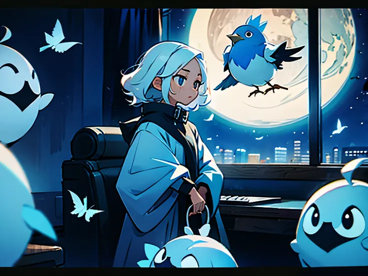 (best quality, masterpiece) Cute black girl with curly white hair and black eyes talks on the window to a single blue bird at night
