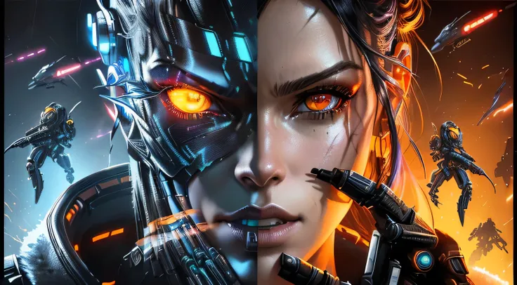 a woman with a sci - fiction look on her face and a sci - fiction background, neon scales and cyborg tech, metal and glowing eyes, cyberpunk horror style, alita battle angel, cyberpunk face, unreal 5. rpg portrait, terminator art, by Android Jones, cyborg ...