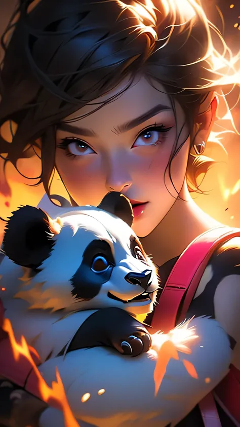 Black eyes, Annie, Blonde Hair, anger, Blue Leather Backpack, short hair,Long Bangs, fire, Panda Stuffed Animal, Tibbers, Purple Shirt, inflammation, Throw, close, Shine､masterpiece, 最high quality, high quality, High resolution, (Face close-up)､1girl
