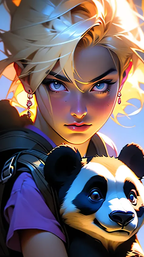 Black eyes, Annie, Blonde Hair, anger, Blue Leather Backpack, short hair,Long Bangs, fire, Panda Stuffed Animal, Tibbers, Purple Shirt, inflammation, Throw, close, Shine､masterpiece, 最high quality, high quality, High resolution, (Face close-up)､1girl
