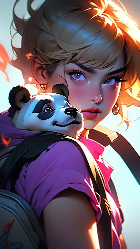 Black eyes, Annie, Blonde Hair, anger, Blue Leather Backpack, short hair,Long Bangs, fire, Panda Stuffed Animal, Tibbers, Purple Shirt, inflammation, Throw, close, Shine､masterpiece, 最high quality, high quality, High resolution, (Face close-up)､1girl
