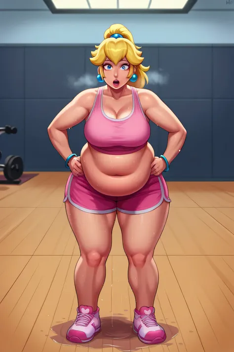 score_9, score_8_up, score_7_up, BREAK, 1girl, solo, princess peach, 1girl, solo, , blonde hair, ponytail, jewelry, bracelet, makeup, casual, cowboy shot, blue eyes, looking at the viewer, large breasts, hands on hips, pink tanktop, sweaty, pink shorts, sw...