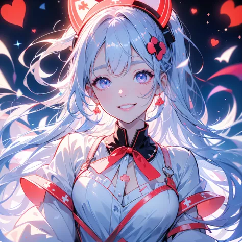 1girl, pretty face、Baby Face、((( best detail、 dynamic best composition with a smile and staring at the top、 top quality、 greatest masterpiece、 super detailed、 high definition)))、Goth nurse outfit,Very complex,Milky white hair color、 exquisite,Shift dress,f...