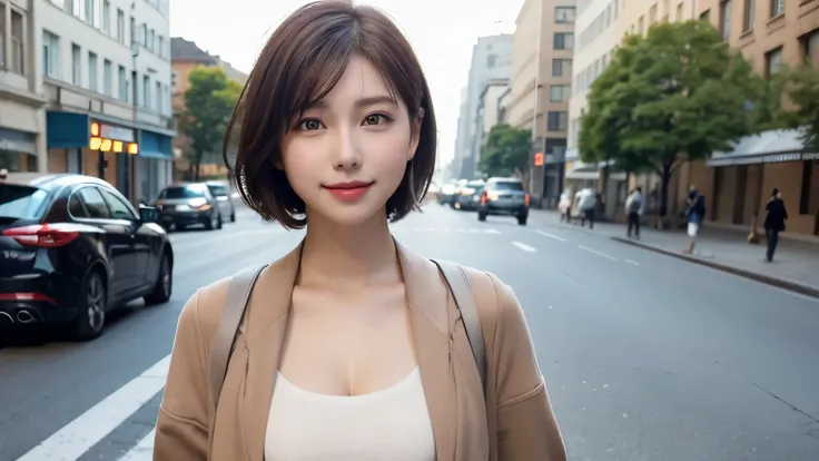   1 girl, Alone,  small breasts,  beautiful eyes, perfect face,  watch viewers,   wide hips, I々I have,  shorthair, Brown Hair ), top quality、  masterpiece on penis 、   super high resolution 、 beautiful smile、street, down jacket 