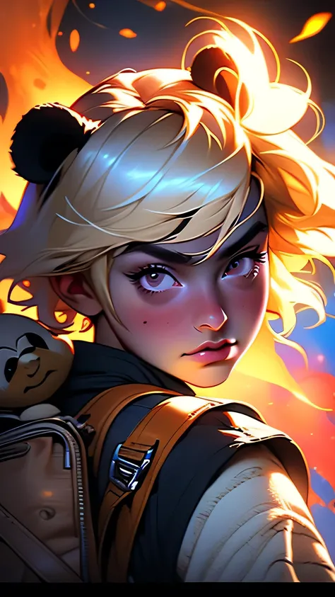 Black eyes, Annie, Blonde Hair, anger, Blue Leather Backpack, short hair,Long Bangs, fire, Panda Stuffed Animal, Tibbers, Purple Shirt, inflammation, Throw, close, Shine､masterpiece, 最high quality, high quality, High resolution, (Face close-up)､
