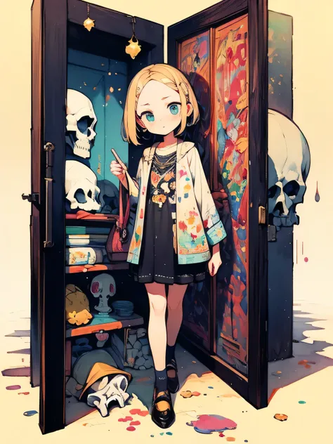 ,alone,fullbody,forehead, open the door、Different world、 looking here 、Two Worlds 、Emotions hidden 、 Skull Design、（ I am the protagonist:1.3）、like a painting、watercolor画風, The Art of Mathematics, Official Art, Masterpiece , beautiful, ((watercolor)), paint...