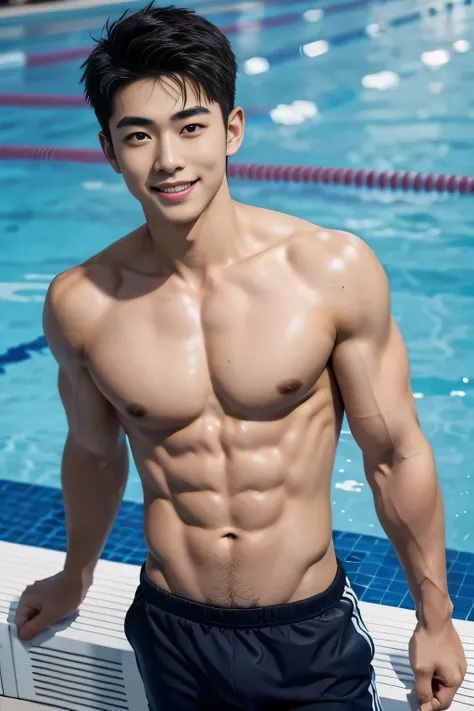 18-year-old male、 Japanese、 handsome、 macho、 abs、Pectoral muscles、 shirtless、Short Hair、swimming pants、pool baby face 、 big bulging crotch 、 smiles、 splashes