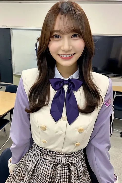brown hair on one woman、With bangs、smile、Beautiful breasts、SlenderBody、Purple bow tie、purple blazer jacket 、Im wearing a whiteshirt inside、Checkered mini skirt、 standing in a classroom、In school