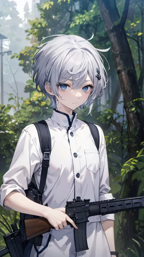  top quality、 Silver Hair、(Whitening skin)、 sky blue eyes、 very short hair,Short Hair, straight hair、Petite、、 slender、Sweaty,soldier, Military ,Soldier, slender、forest、 assault rifle ,Snow Scene,fur, boyish,