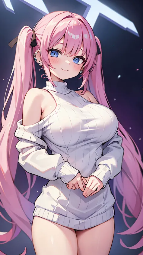 ((masterpiece、 top quality、 super detailed)、 1 girl 、 pink hair、twintails、 Light Blue Eyes 、evil smile、((lots of piercings))、(( very large breasts))、((white sweater))、 off-shoulder 、thighs、 cowboy shot、boutique background