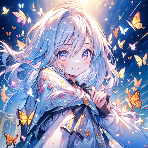 Chibi、cute、1girl, pretty face、Baby Face、((( dynamic best composition with a smile and staring at the top、 top quality、 greatest masterpiece、 super detailed、 high definition)))、 absurd、 fantasy standing in a church、Looking up with a smile 、butterfly style、h...