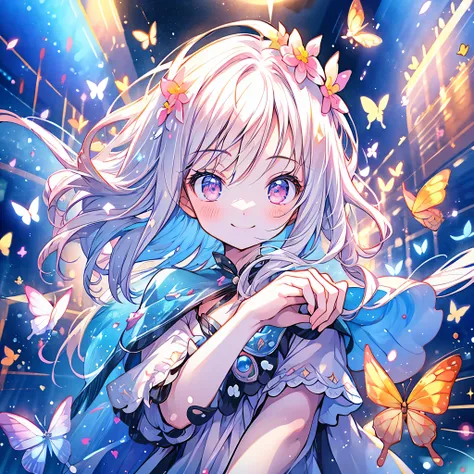 Chibi、cute、1girl, pretty face、Baby Face、((( dynamic best composition with a smile and staring at the top、 top quality、 greatest masterpiece、 super detailed、 high definition)))、 absurd、 fantasy standing in a church、Looking up with a smile 、butterfly style、h...