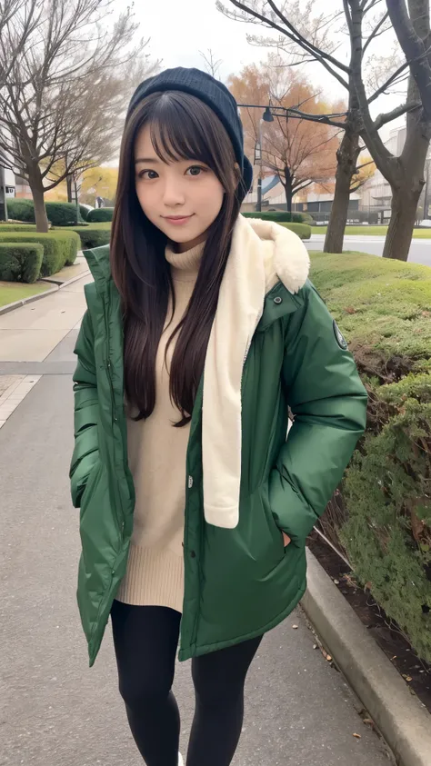  Japanese college girls、Date wearing winter clothes 、 park with plenty of greenery around 14:00 、 looking at the camera with an inviting face like I want to do something sexy after this