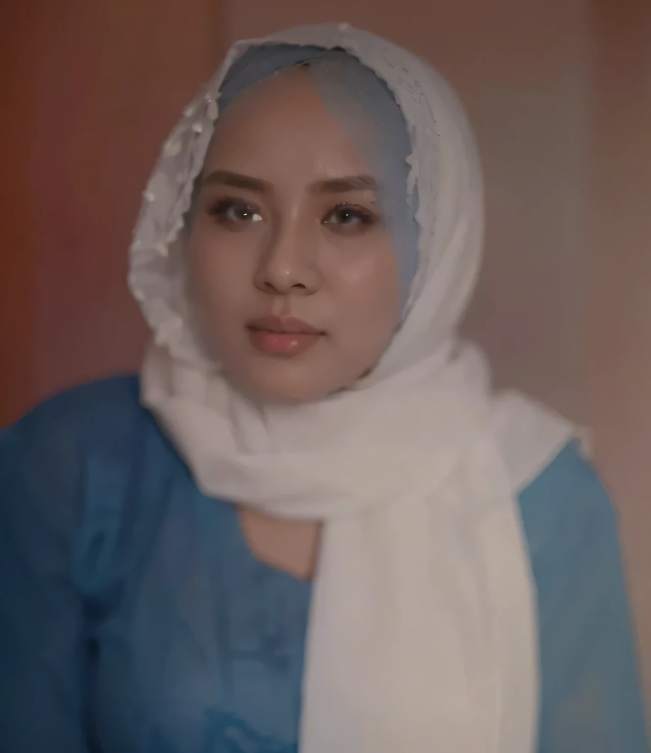 Woman wears a long white hijab up to the shoulders and wears a blue kebaya shirt 