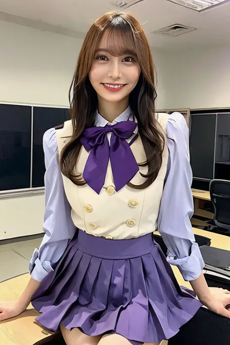 brown hair on one woman、With bangs、smile、Beautiful breasts、 slim body、Purple bow tie、Im wearing a whiteshirt under a purple blazer、 plaid pleated miniskirt wearing a whiteShirt underneath、 across her crotch、On the desk、In the classroom、She loves me