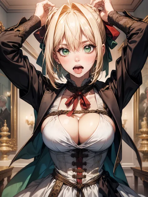 1girl,fgonero, nero, ahoge, blonde hair, (green eyes:1.5), hair between eyes, hair intakes, (Large Breast:1.4),
BREAK
BREAK ((scared expression:1.2)),((open mouth)),((saliva:1.2)),((heavy breathing)),((hands tied:1.5)),
BREAK (masterpiece:1.2), best qualit...