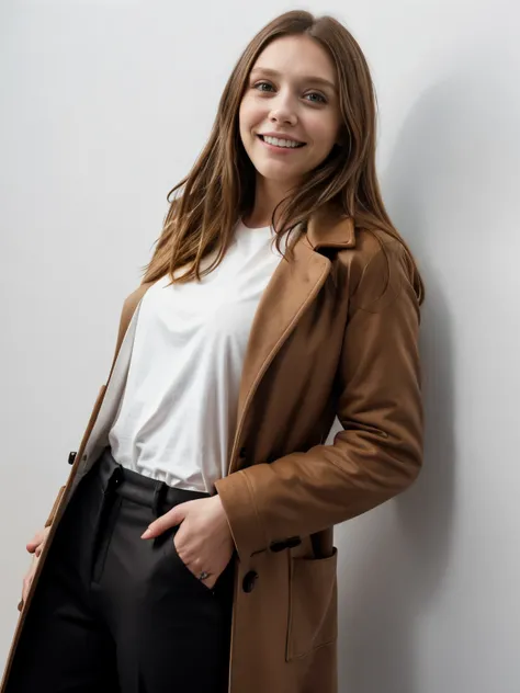 Elizabeth Olsen smiling, brown coat, black pants, white t-shirt. standing, white background.