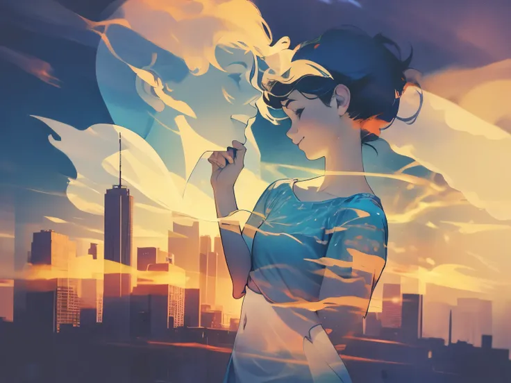 Depicting events in a dream, slightly hazy moonlight, translucent genie, kissing a translucent woman, moonlight passing through the body,
((super multiple exposure where the background passes through the body)),
(woman, short hair, blouse, miniskirt, knee-...