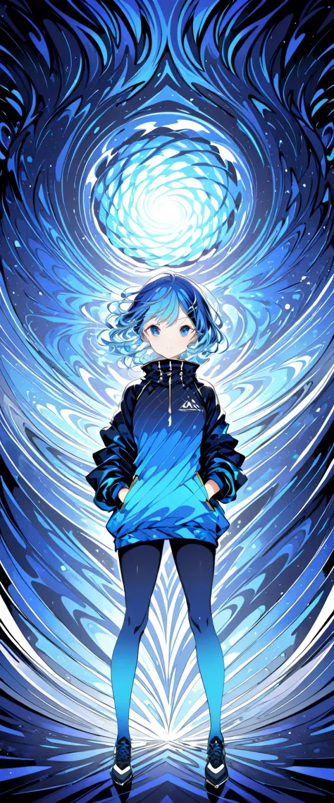 8k,  1 girl , High collar, nice, ( fractal art 1.8),  puffy , Young people,  blue hair, I put my hand in the , nice, dynamic, Visual Impact , Hands in pockets, (  Wave Hand Pocket 1.5)