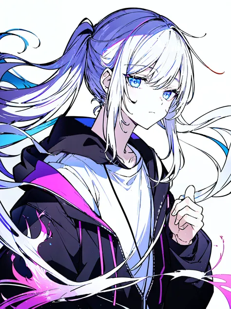 [(WHITE BACKGROUND:1.5),::5], ((((masterpiece)))), high quality, ultra very high resolution, full color, (((solo))), ((younger boy)), White hair, high ponytail, (Purple streaked hair), ((Black Blue eyes)), anime, ((upper body)), neon light, black parka, (f...