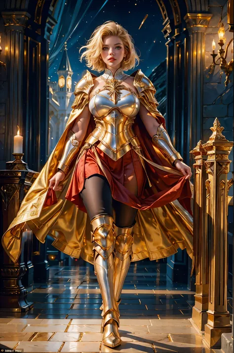 Full Body Shot, 18 Years Old Photo Shoot, beautiful face, Plus Size, Athletic ability, Woman with Full Bust, Blonde Short Hair, blue eyes, red lips, white skin, (((luxurious gold armor))), ((fantasy gold cloak)), depth of field, super high resolution, Mast...