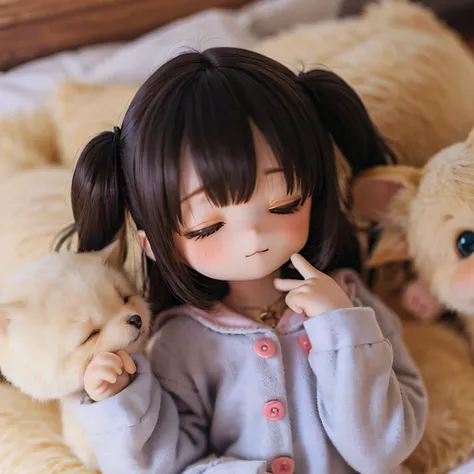 Shiba Inu girl sleeping in chibi pajamas、Girls sleeping in bed