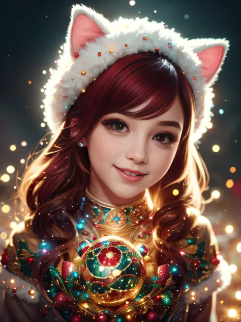 (Best Quality, Super Detail, Masterpiece, Representative Work, Official Art, Professional, Super High Detail, 8k:1.3), (Full Body) Cute girl in fantasy Christmas outfit, face wearing cat ear hat, Beautiful detailed eyes, Beautiful detailed lips, Demonic sm...