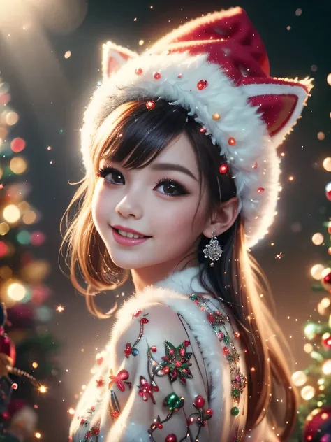 (Best Quality, Super Detailed, masterpiece, representative work, official art, professional, super high detail, 8k:1.3) Cute girl in a fantasy Christmas outfit, face wearing cat ear hat, Beautiful detailed eyes, Beautiful detailed lips, Demonic smile, deta...