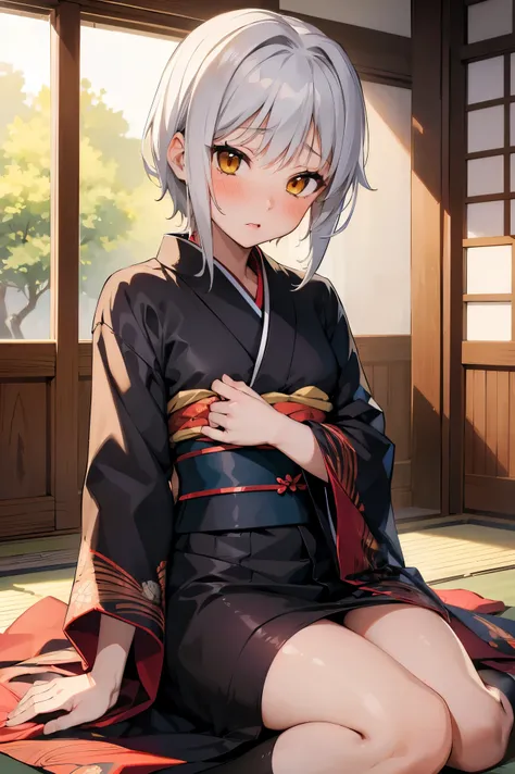 NSFW,masterpiece, top quality, high definition , very detailed,Tacheng kitten,Gray Hair, shorthair, kimono,kimono, lustful face,blush, are in estrus