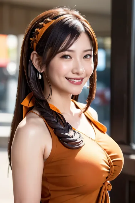  image of a woman wearing a futuristic cyberpunk costume and holding a sword,Futuristic Armor,( Japanese Knife ;1.7),(Shiny silver and orange inner color shorthair , Floral Hair Ornament,Braided Top Knot, Twisted Side Part Ponytail Braid Headband, half up、...